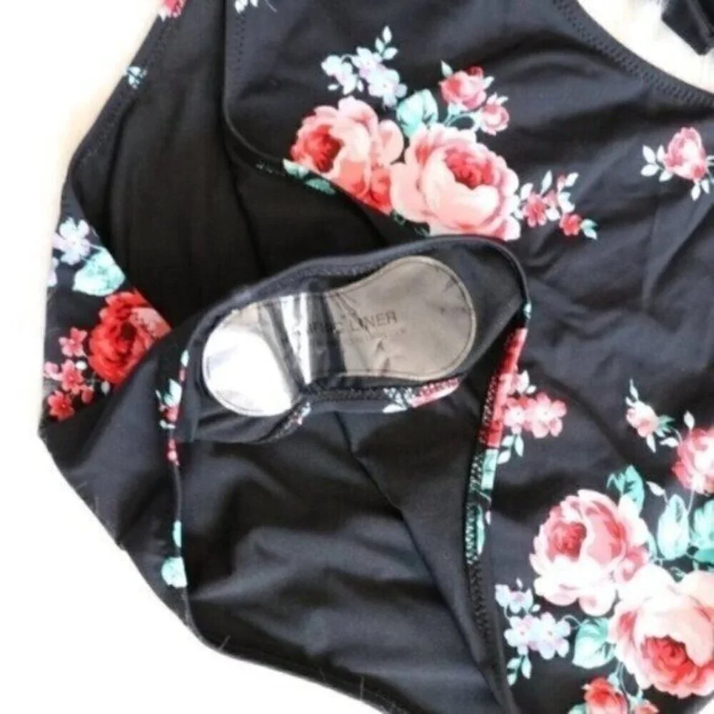 NWT Black Floral Printed One Piece Size Medium Wrap Cutout Bathing Suit - Picture 5 of 10
